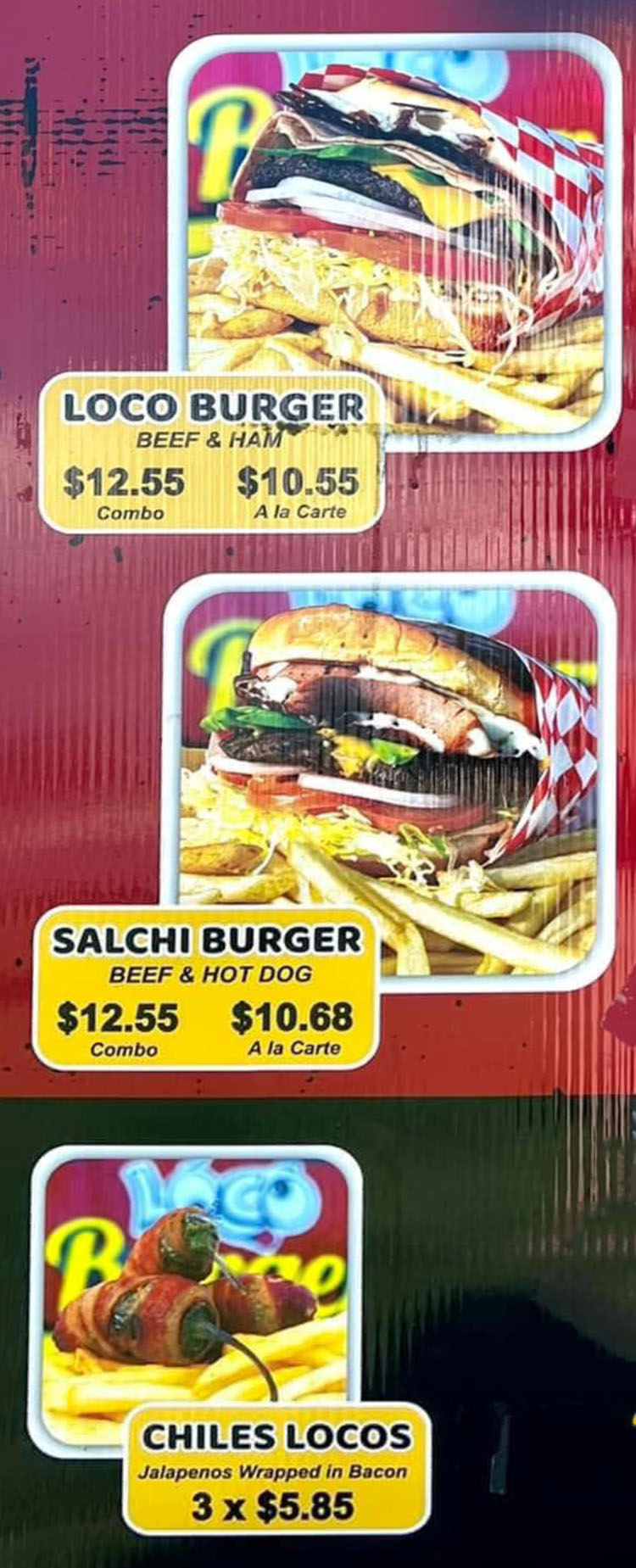 Loco Burger food truck menu - burgers