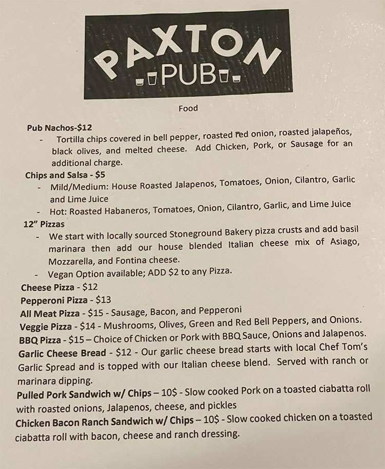 Paxton Pub menu - food