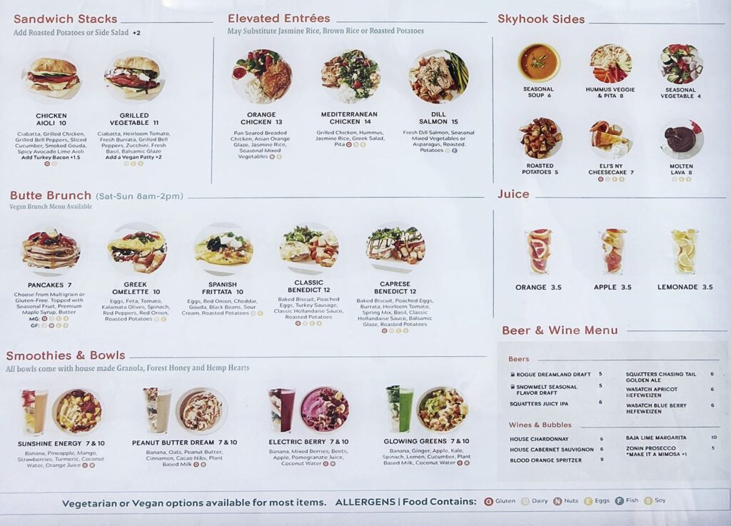 Ascent Kitchen menu - sandwiches, entreees, sides, brunch