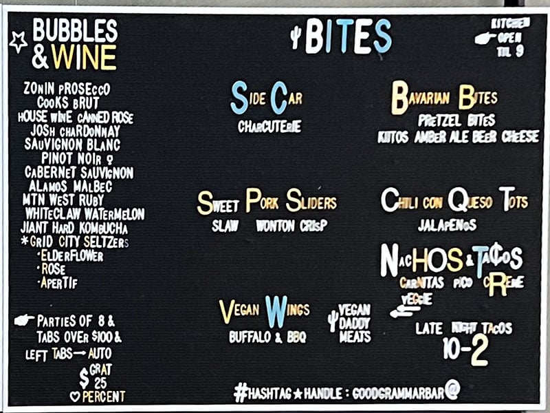 Good Grammar menu - bubbles, wines, bites