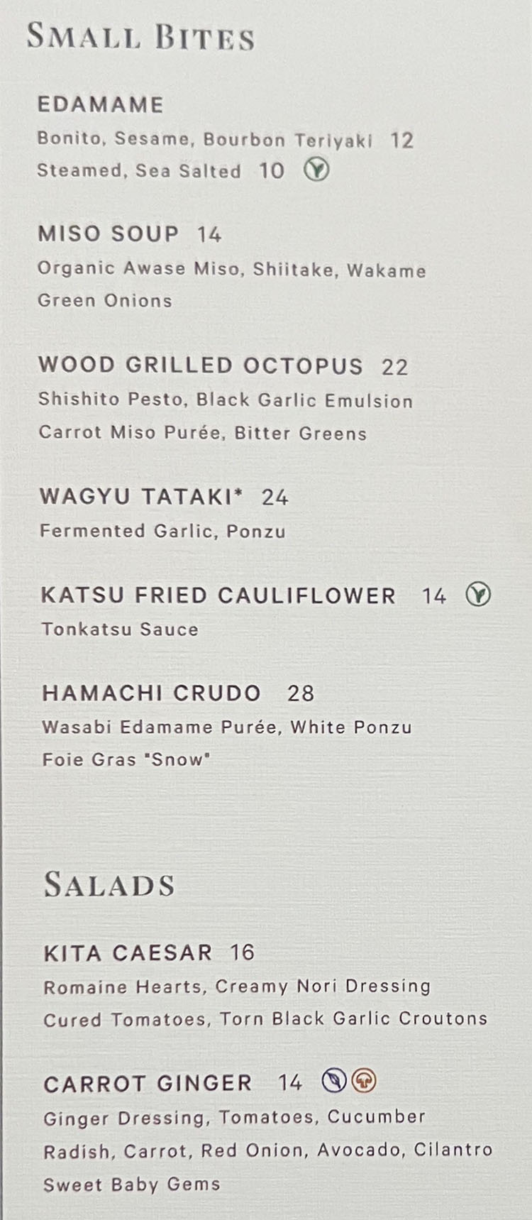 KITA menu - small bites, salads