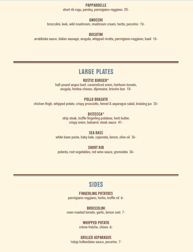 La Bella Piastra dinner menu 2023 - pasta, large plates, sides