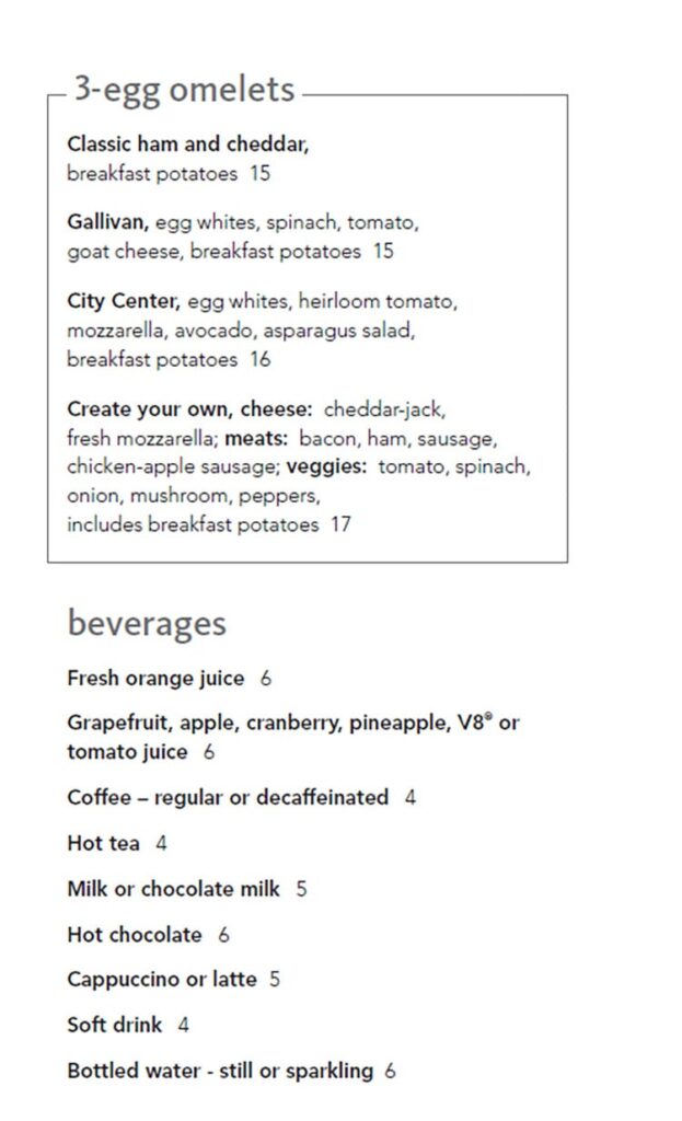 La Bella Piastra menu 2023 - breakfast omelets, beverages