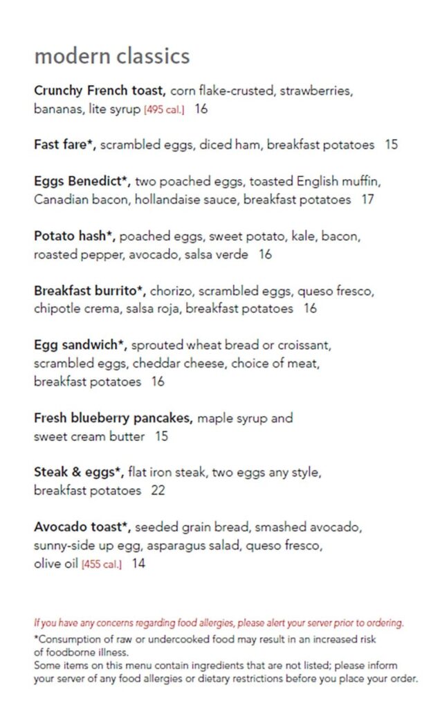 La Bella Piastra menu 2023 - modern breakfast classics