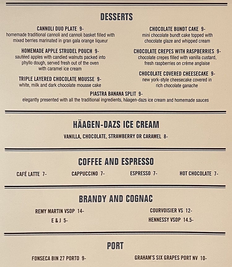 Marriott Salt Lake City Center - La Bella Piastra menu - dessert, after dinner drinks