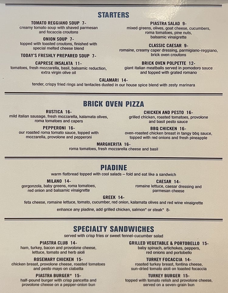Marriott Salt Lake City Center - La Bella Piastra menu - starters, pizza, piadine, sandwiches