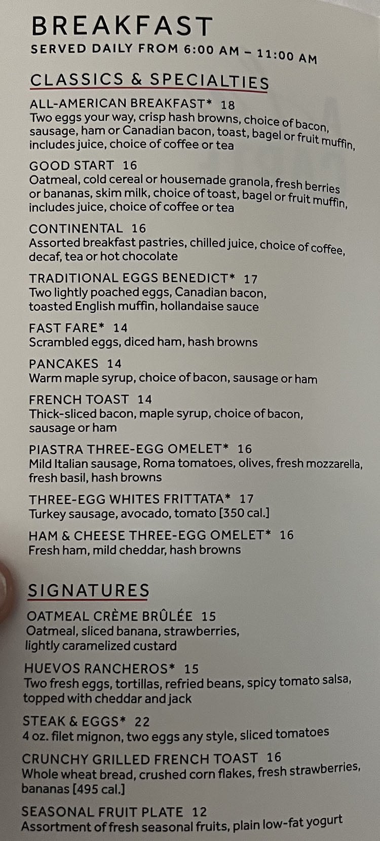 Marriott Salt Lake City Center room service menu - breakfast