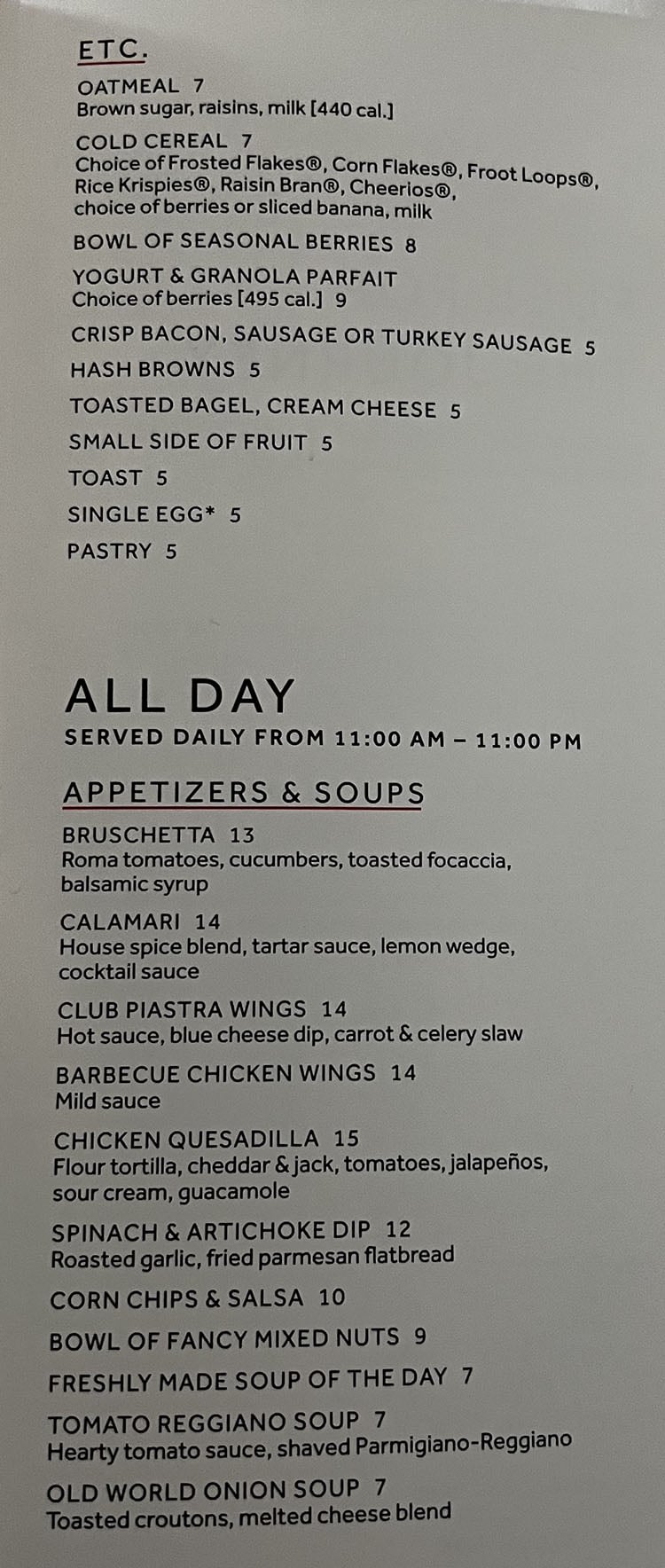 Marriott Salt Lake City Center room service menu - breakfast, all day