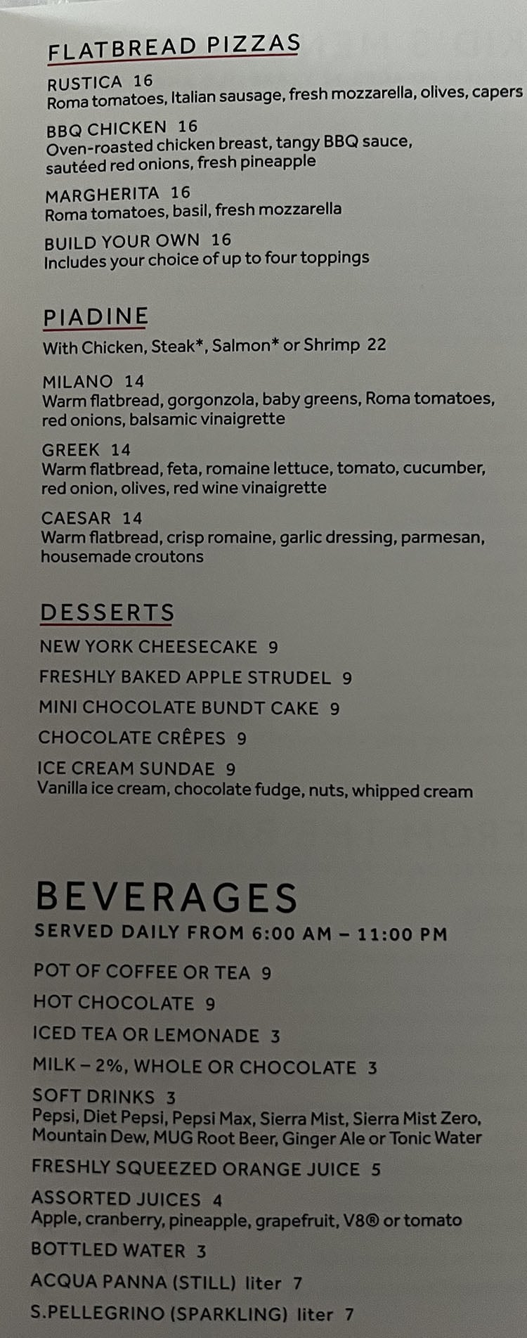 Marriott Salt Lake City Center room service menu - pizza, piadine, desserts, beverages