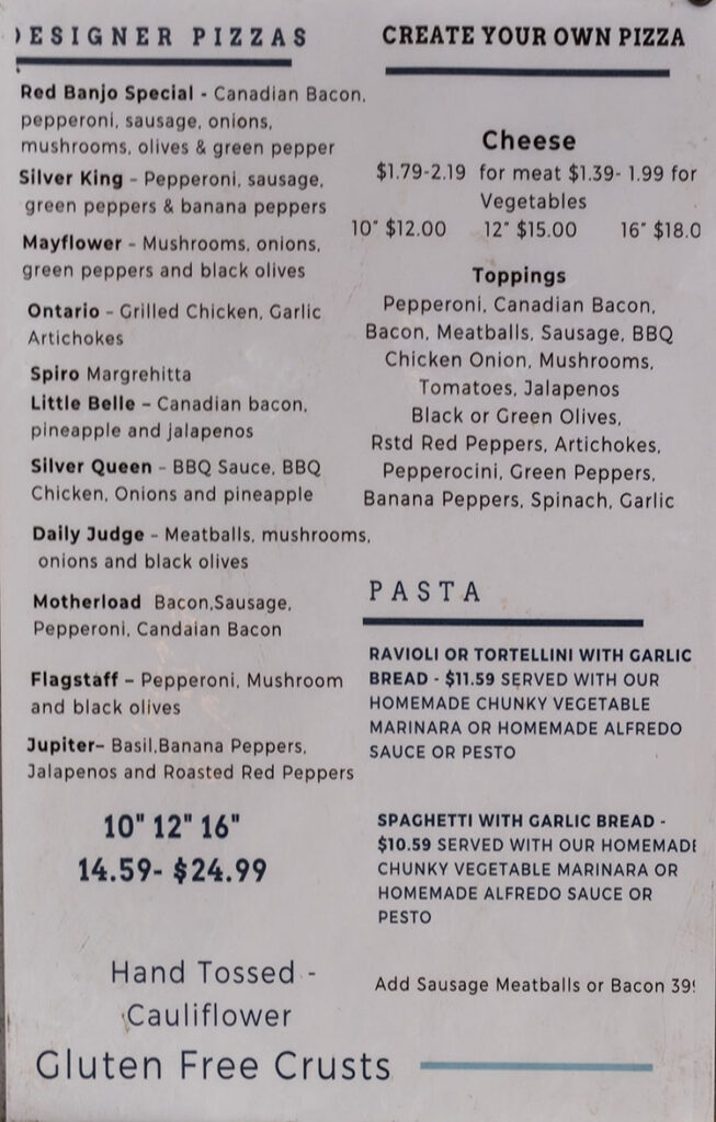 Red Banjo Pizza menu - pizza, pasta