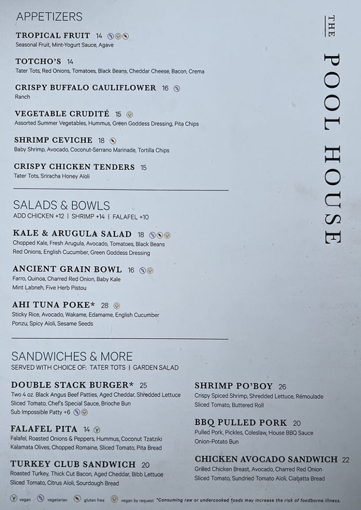 The Pool House at Pendry Park City menu - appetizers, sandwiches