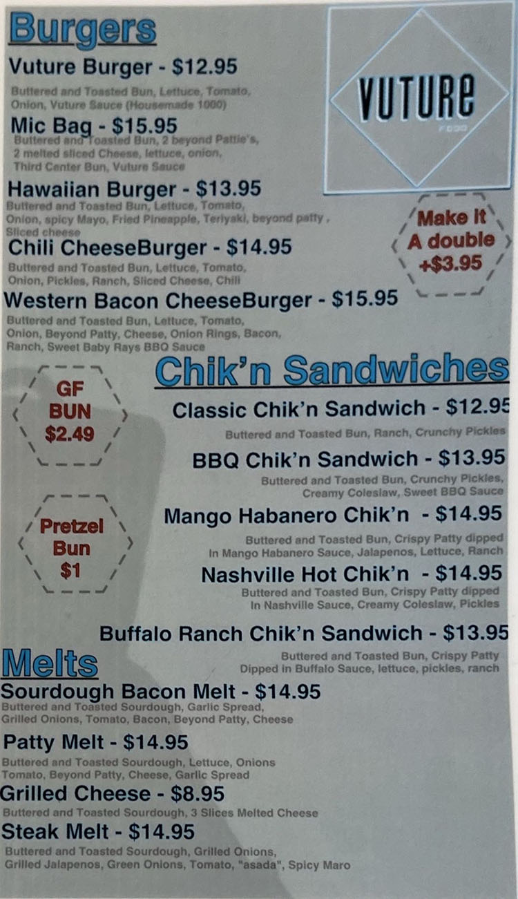 Vuture Foods menu at Woodbine - burgers, sandwiches, melts