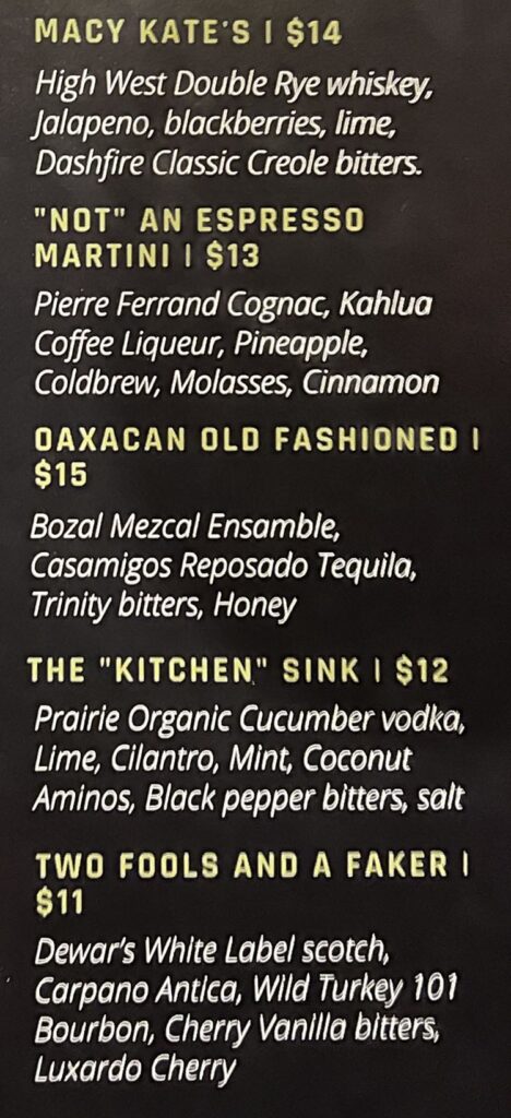 Back Door bar menu - cocktails continued