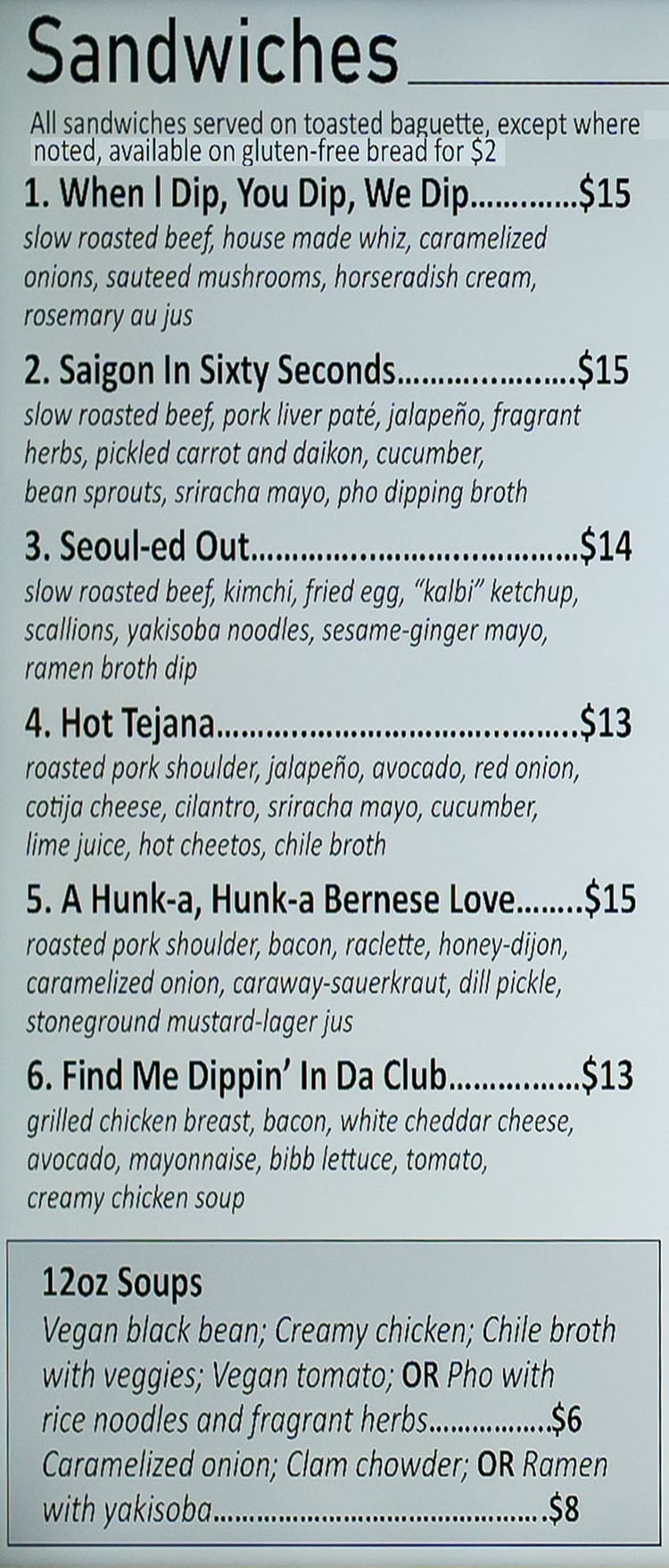 Big Dipper menu - sandwiches