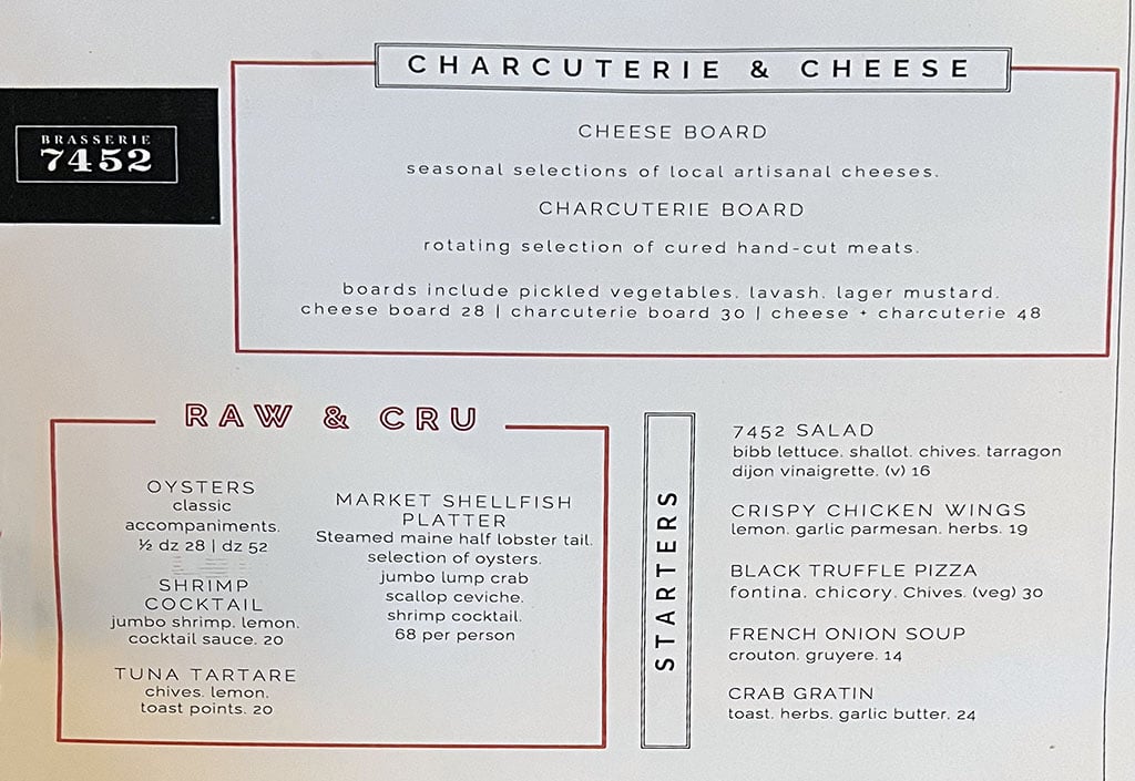Brasserie 7452 menu - charcuterie, cheese, raw, cru, starters