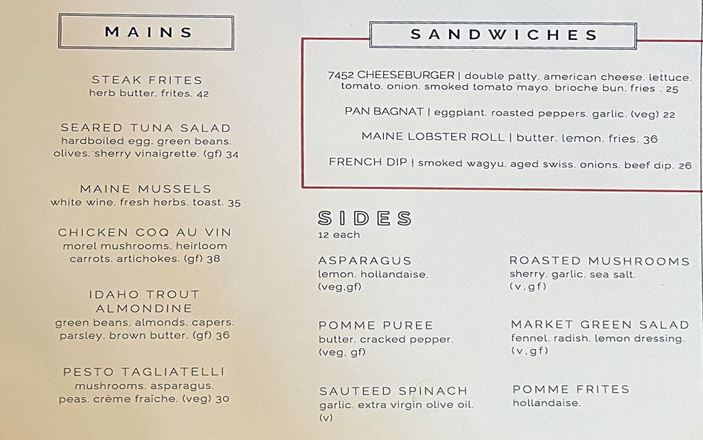 Brasserie 7452 menu - mains, sandwiches, sides