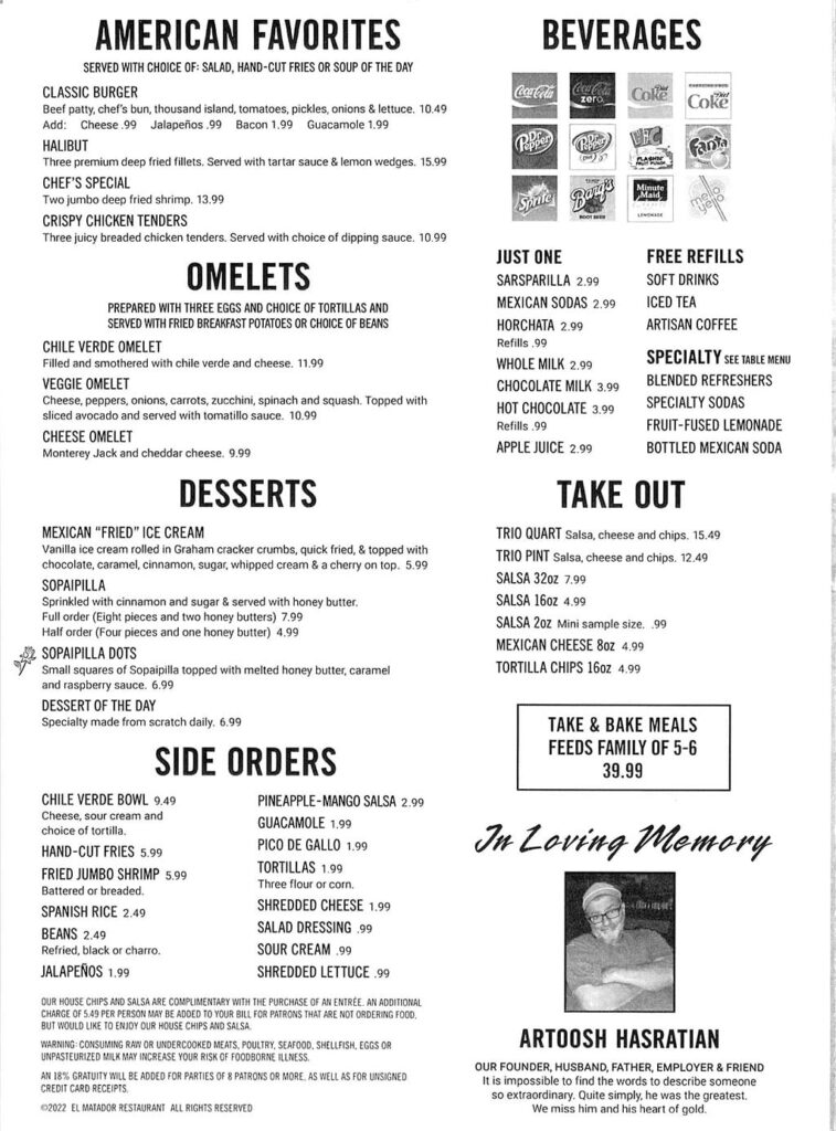 El Matador menu - American, omelets, desserts, sides, beverages