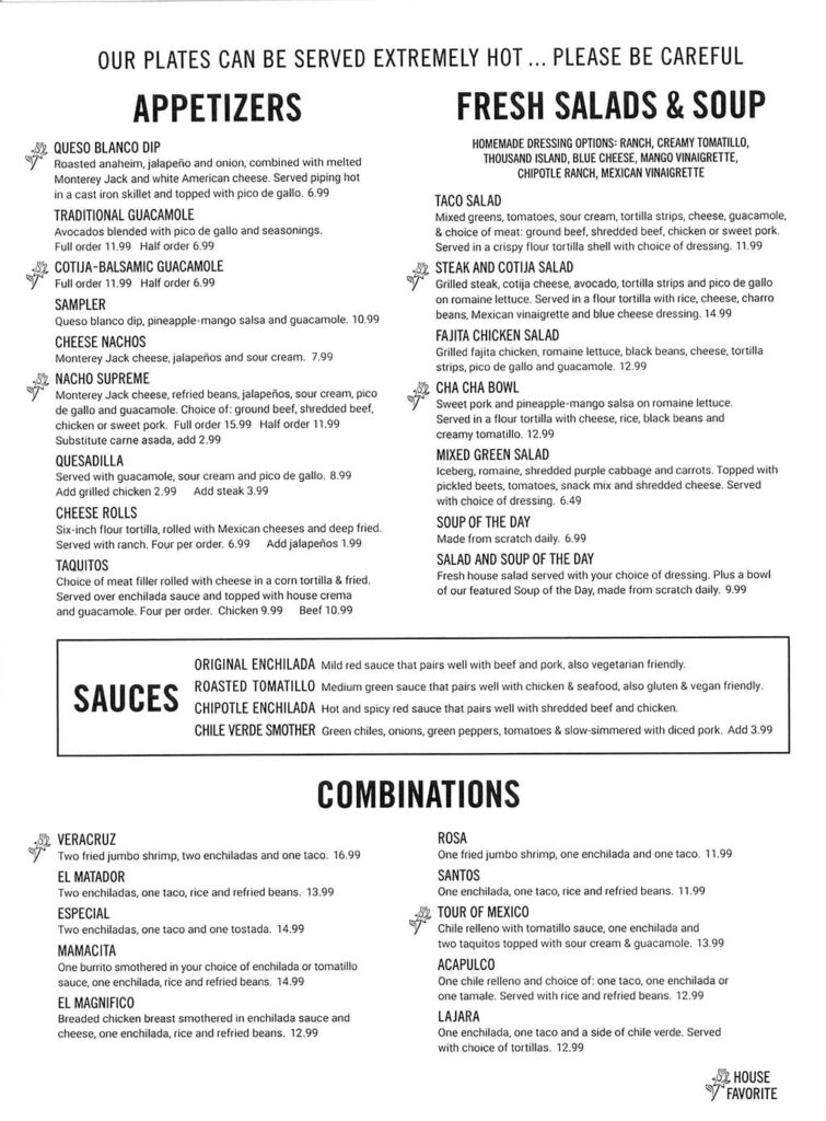 El Matador menu - appetizers, soup, salad, sauce, combos