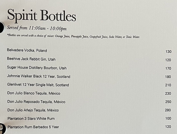 Pendry Park City room service menu - spirits