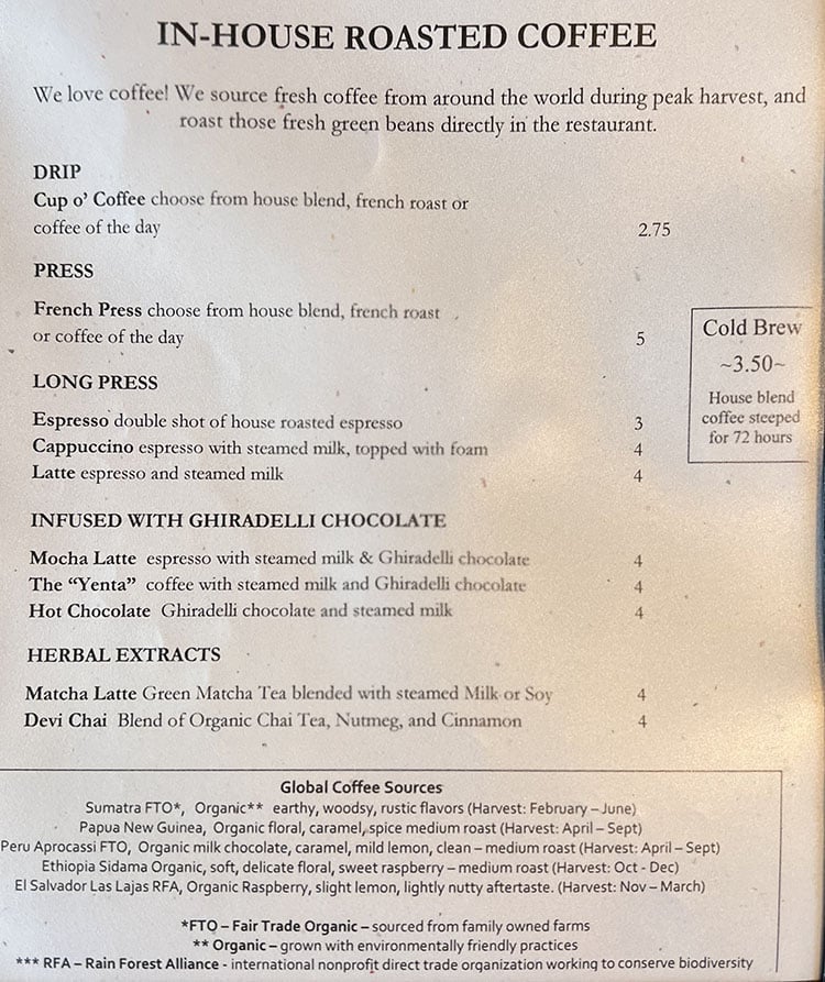 Oasis Cafe menu - in house roasted coffee