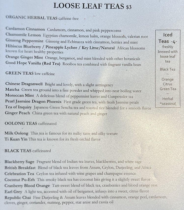Oasis Cafe menu - loose leaf teas