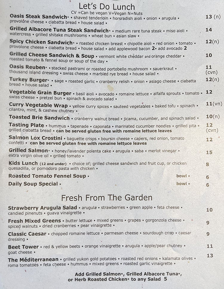 Oasis Cafe menu - lunch