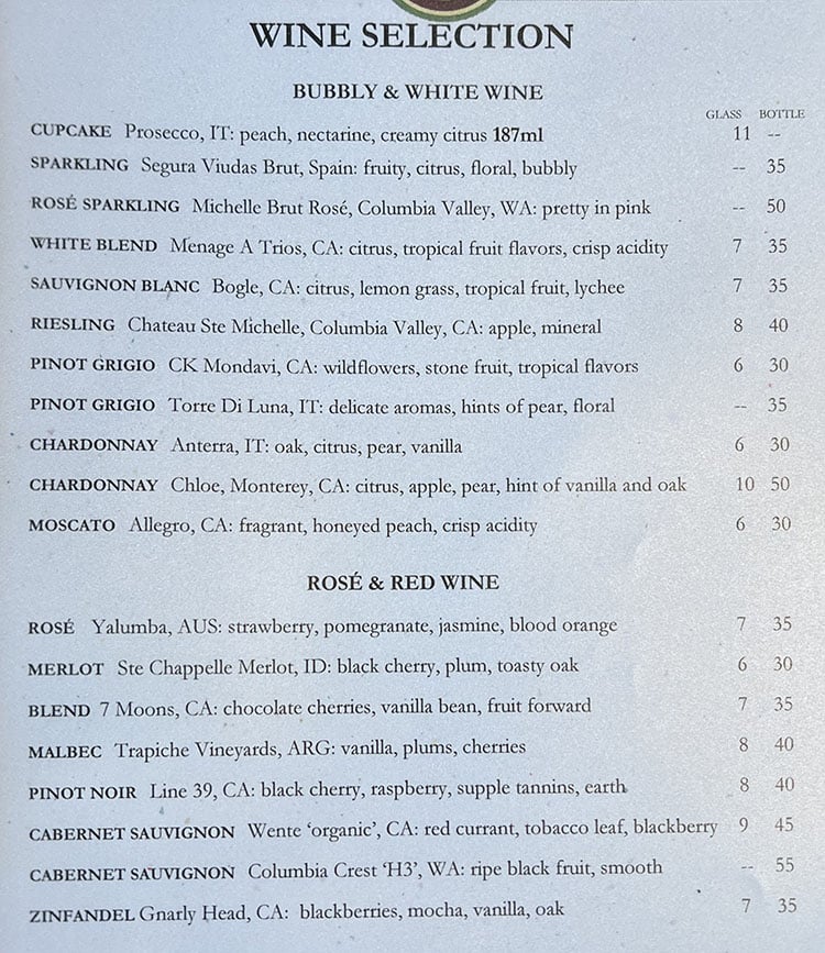 Oasis Cafe menu - wine