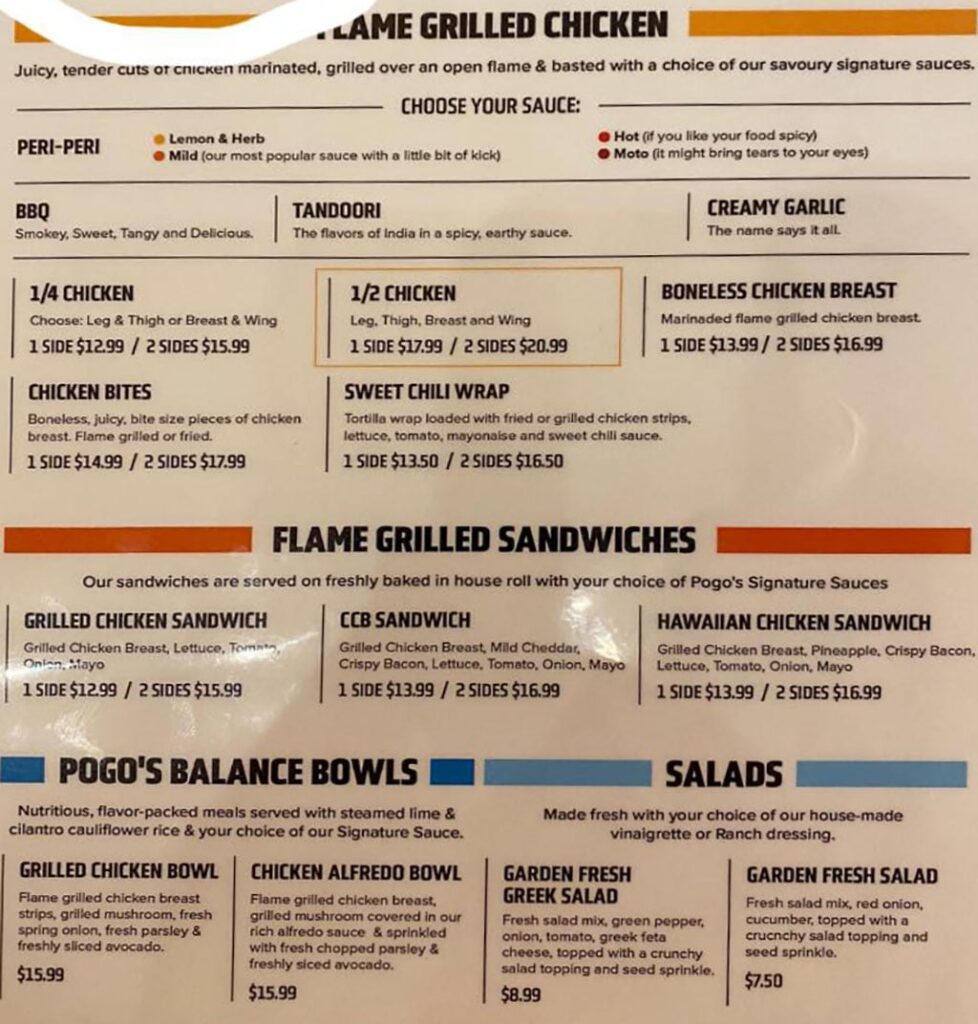 Pogo’s Great Pizza & Chicken menu - chicken, sandwiches, bowls, salads
