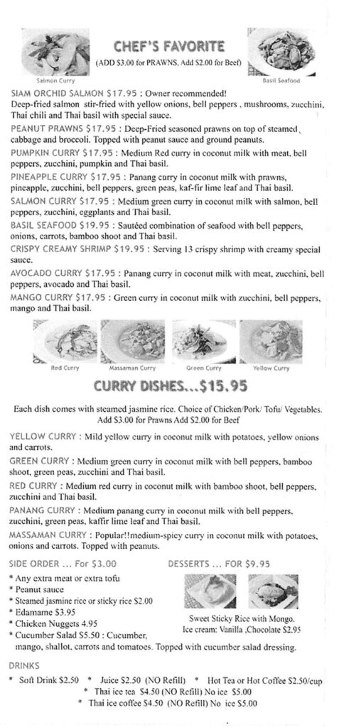 Siam Orchid menu - chefs favorite ,curry