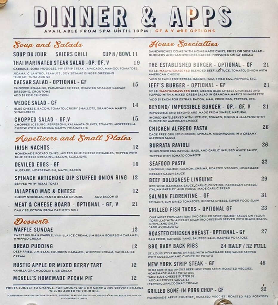 The Eating Establishment menu - dinner and apps