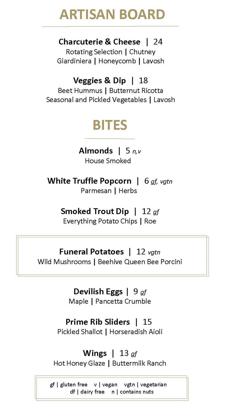 Contribution Bar at Hyatt Regnecy food menu - boards, bites