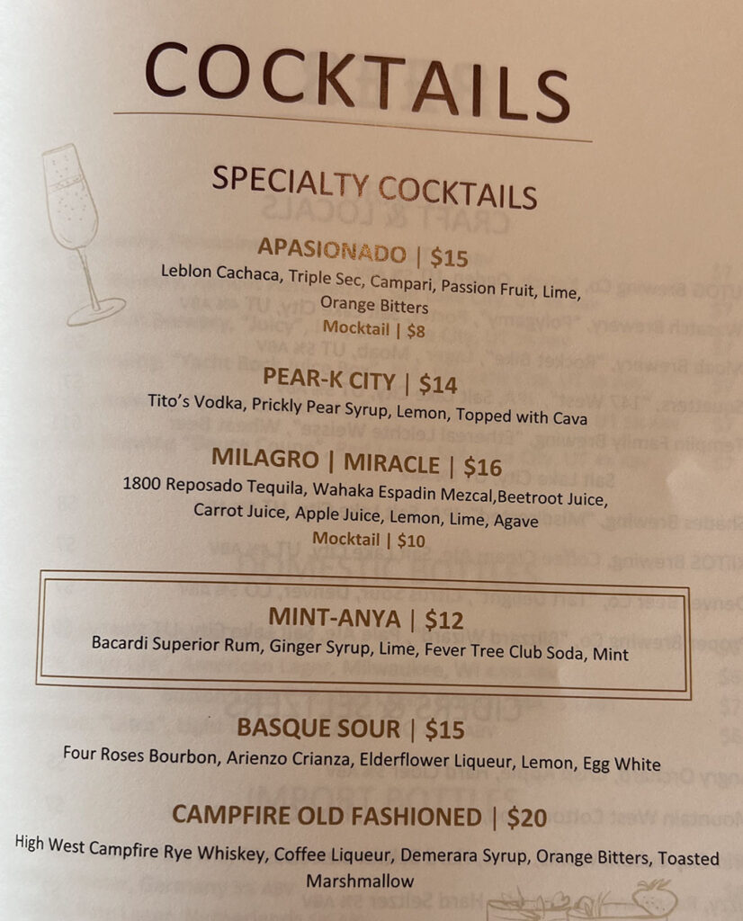 Mar Muntanya drinks menu - specialty cocktails