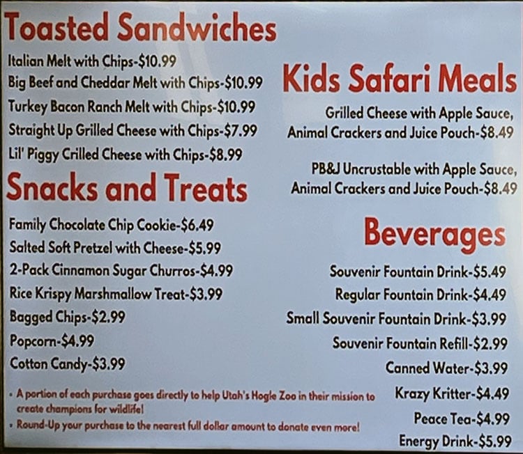 Oasis Cafe at Hogle Zoo menu - toasted sandwiches, snacks, treats, beverages