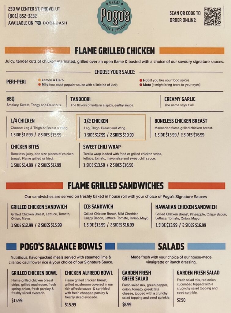 Pogo’s Great Pizza & Chicken menu - chicken, sandwiches, salads