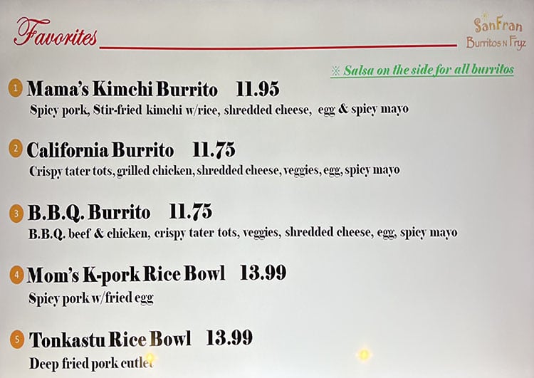 Sanfran Burritos N Fryz menu - favorites