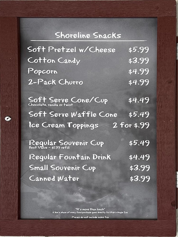 Shoreline Grill menu at Hogle Zoo