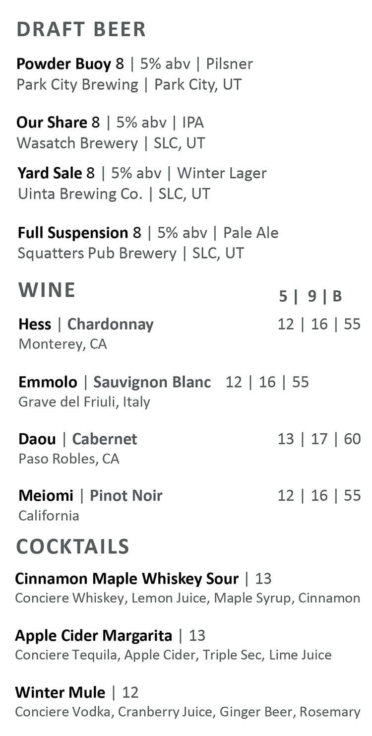 The Salt Republic menu - beer, wine, cocktails