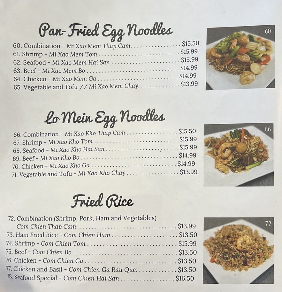 Pho 777 Vietnamese Noodle House menu - pan fried noodles, lo mein, fried rice