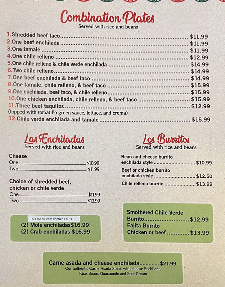 Casa Linda Mexican restaurant menu -combination plates, enchiladas, burritos