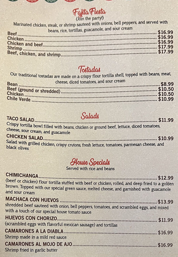 Casa Linda Mexican restaurant menu - fajita, tostada, salads, specials