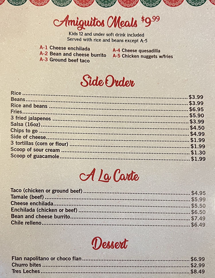 Casa Linda Mexican restaurant menu - kids, sides, desserts