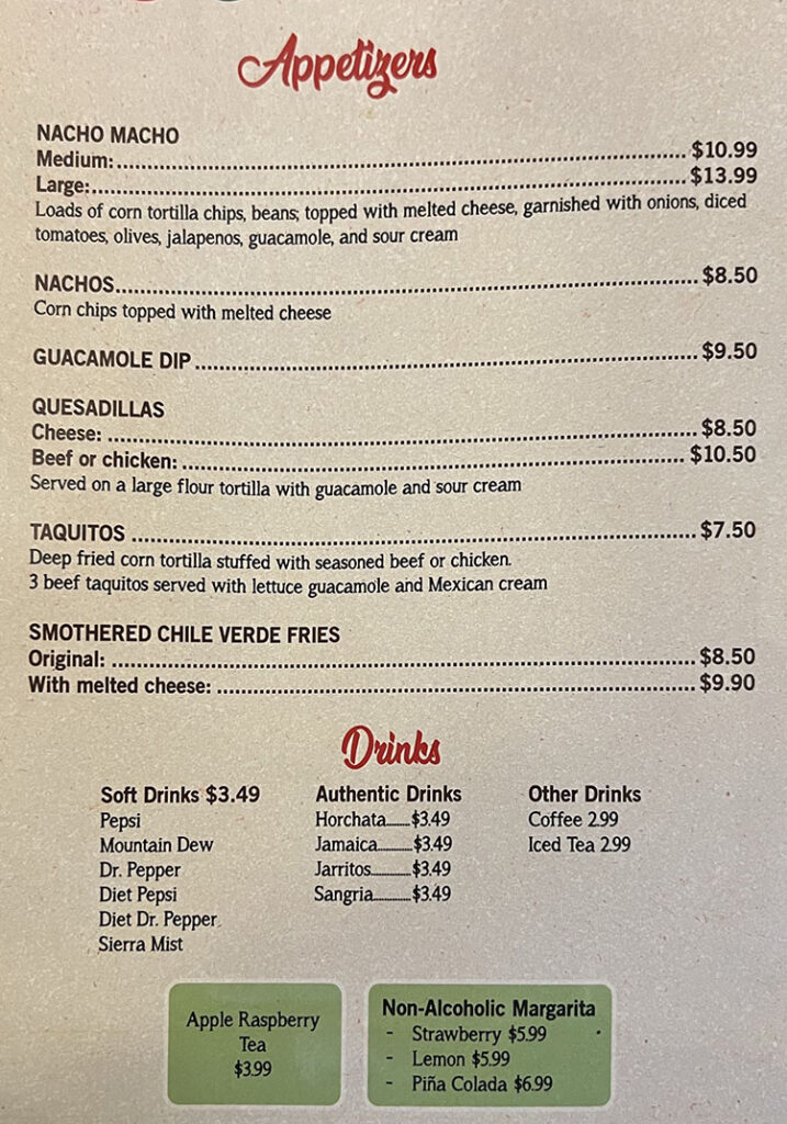 Casa Linda Mexican restaurant meu - appetizers, drinks