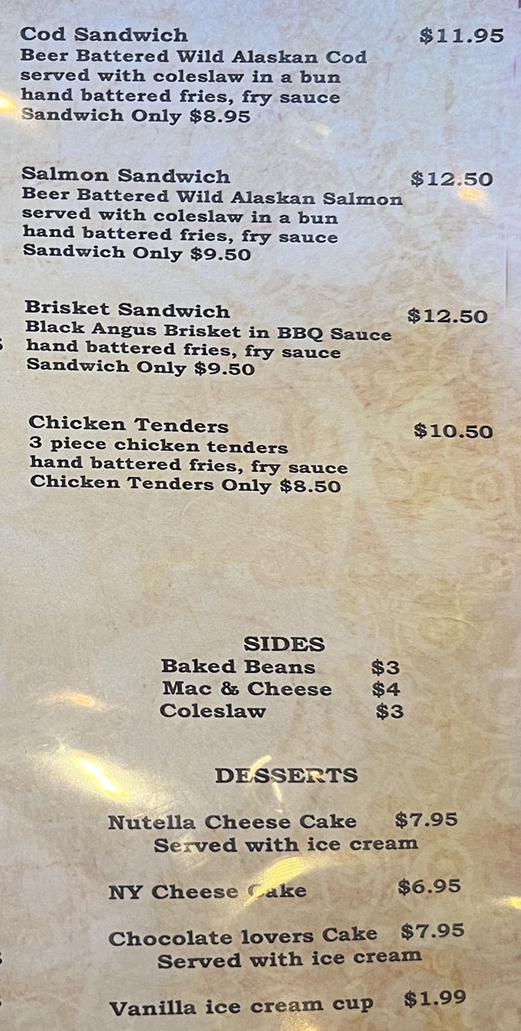 Fish On Bistro menu - sandiwches, sides, desserts