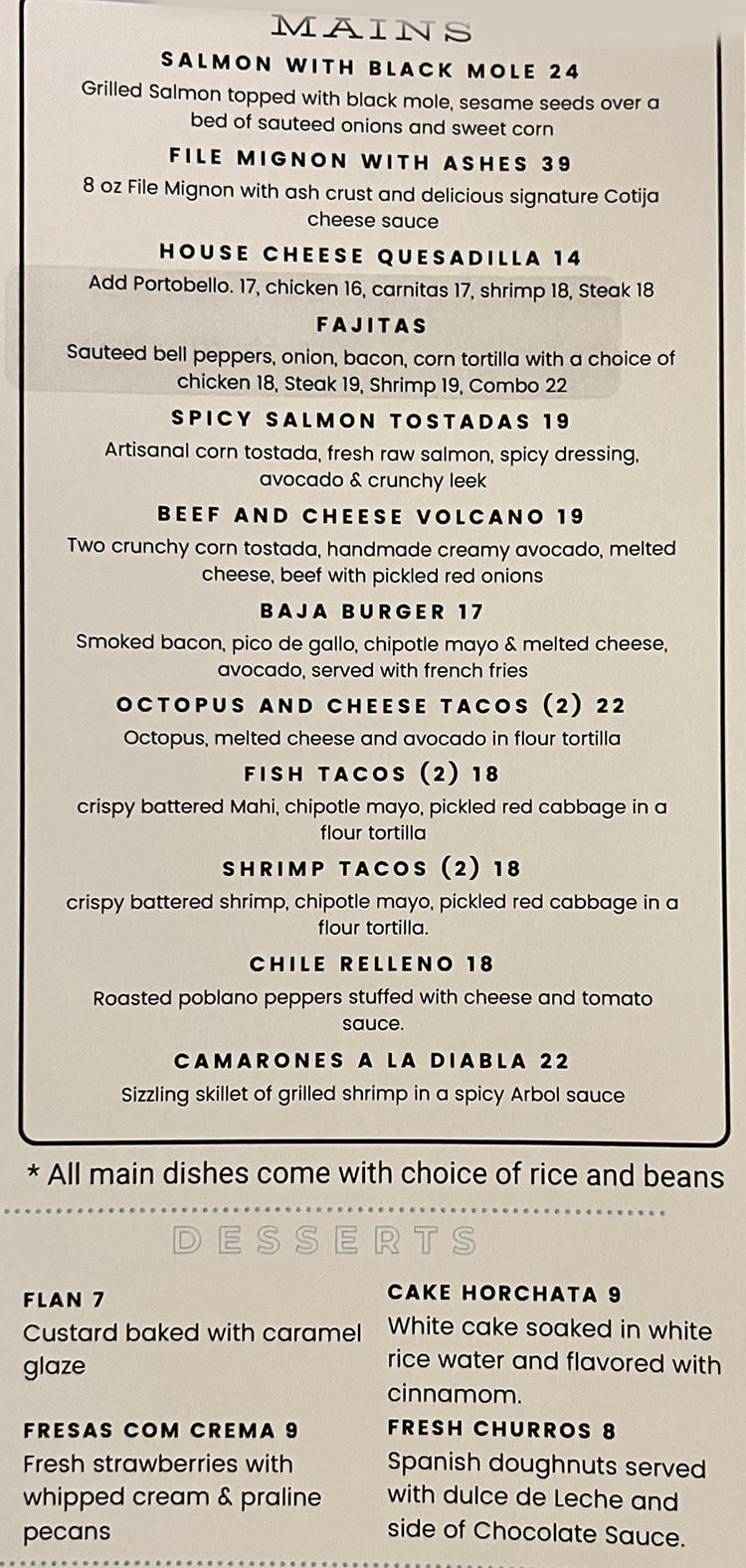 Mi Buena Vida menu - mains, desserts