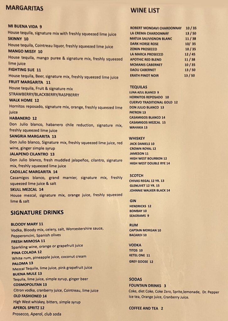 Mi Buena Vida menu - margaritas, cocktails, wine, spirits
