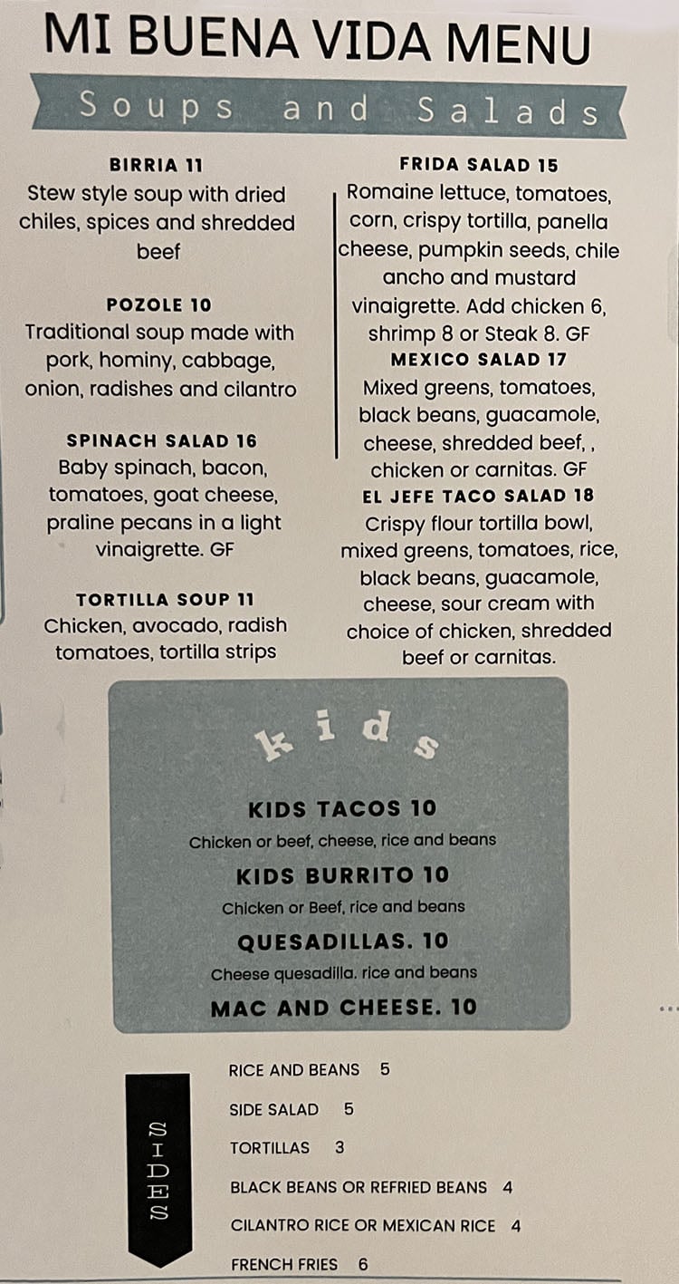 Mi Buena Vida menu - soups, salads, kids