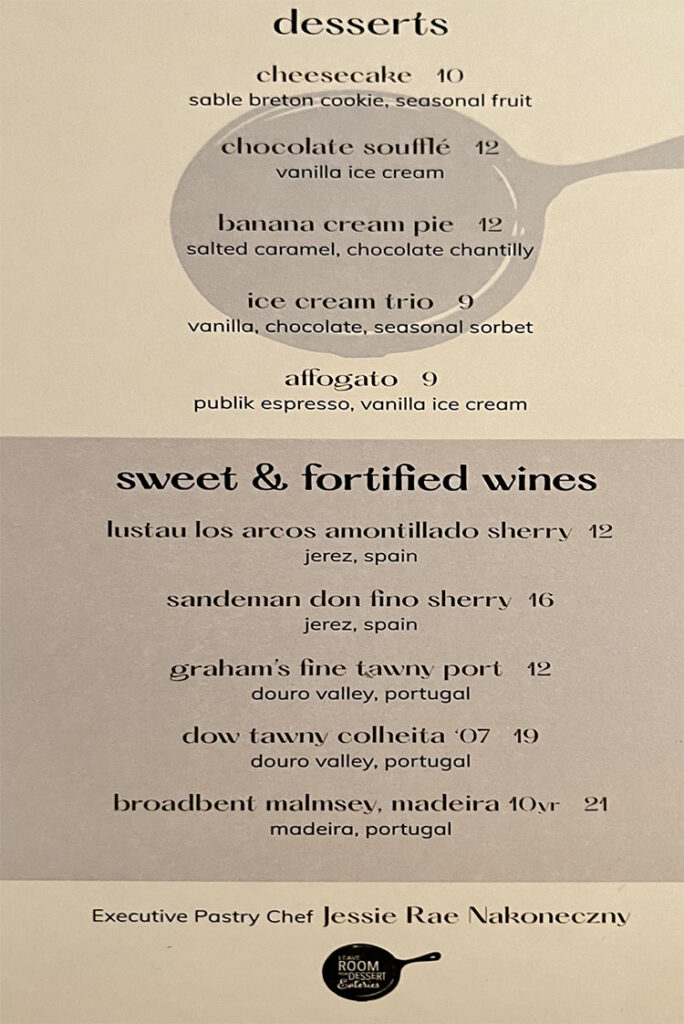 Urban Hill menu - dessert, dessert wine and port