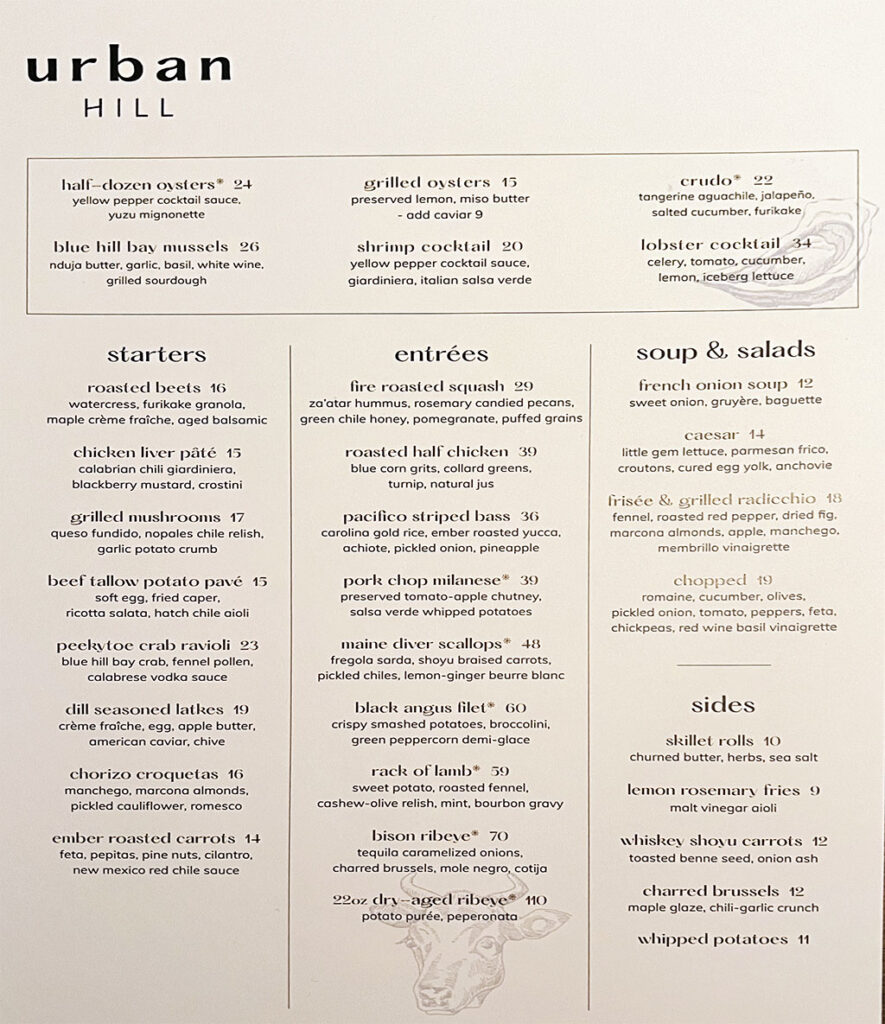 Urban Hill - opening menu