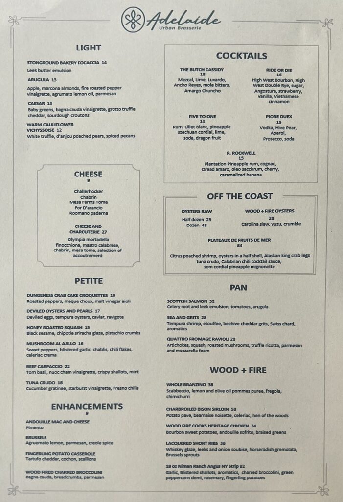 Adelaide Urban Brasserie - dinner menu