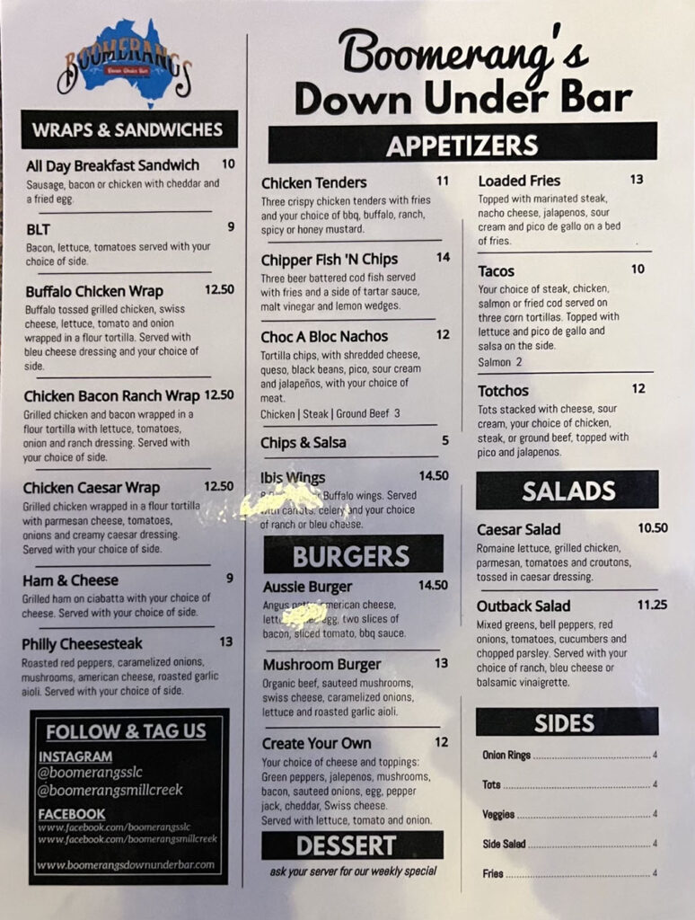 Boomerang's Down Under Bar menu - appetizers, burgers, sandwiches, sides, salads